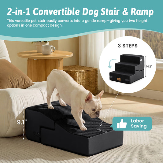 Cozy Kiss 3-Step 2-in-1 Convertible Pet Stairs with Ramp Mode converts from stairs to gentle ramp #color_Black