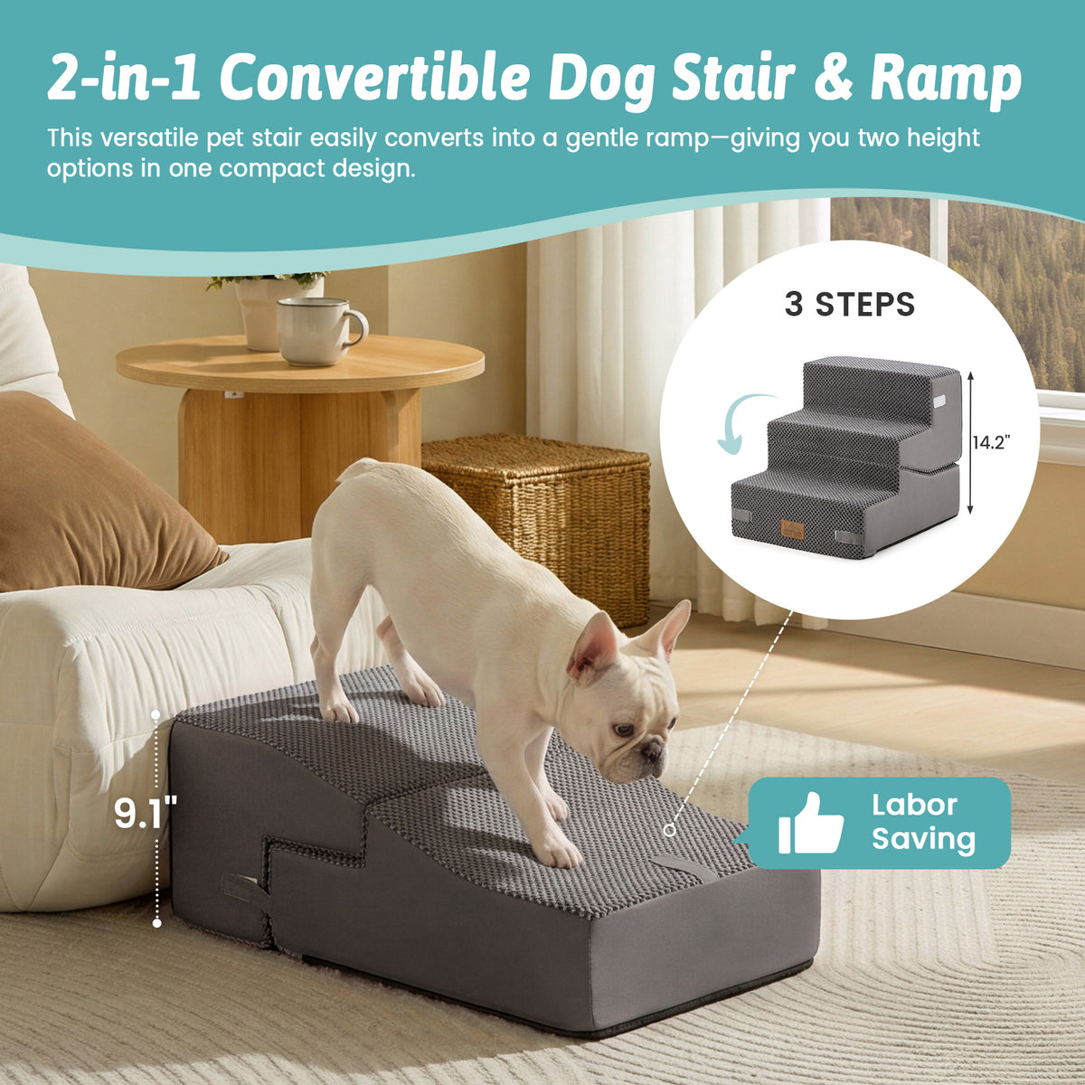 Cozy Kiss 3-Step 2-in-1 Convertible Pet Stairs with Ramp Mode converts from stairs to gentle ramp #color_Grey