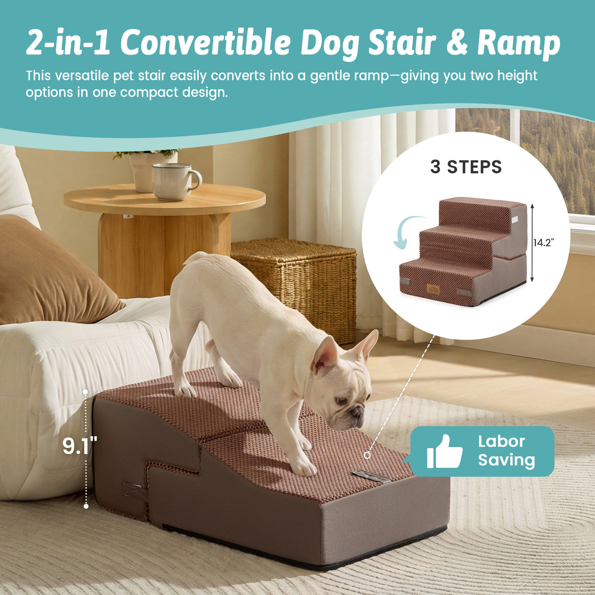 Cozy Kiss 3-Step 2-in-1 Convertible Pet Stairs with Ramp Mode converts from stairs to gentle ramp #color_Brown