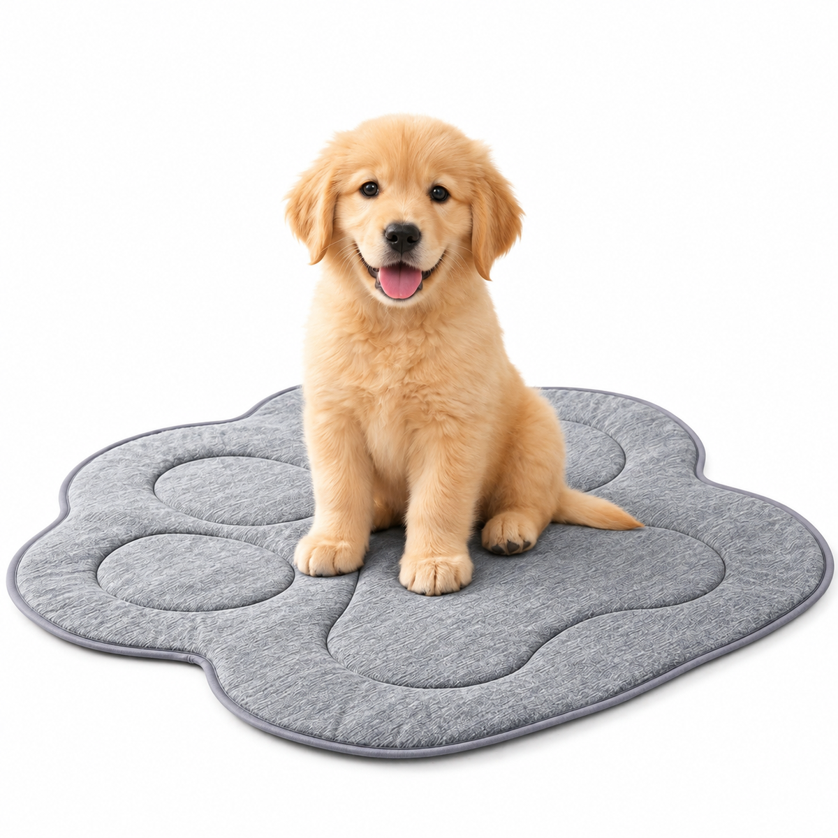 Puppy sitting on Cozy Kiss cloud-shaped mat in a living room.