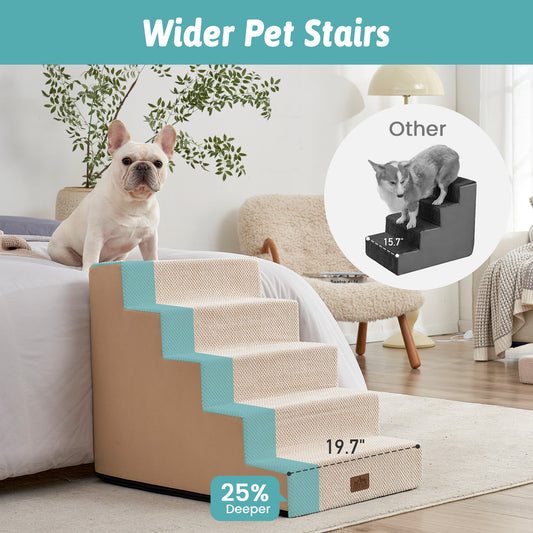 Front view of Cozy Kiss 5-Step Extra Wide Right-Angle Pet Stairs beside a bed, illustrating the extra-wide step design. #color_Beige