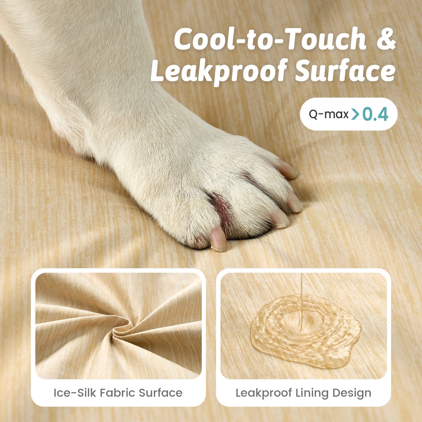 Dog paw on a textured surface with text about cool-to-touch and leakproof design.#color_Beige
