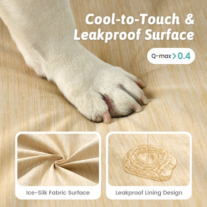Dog paw on a textured surface with text about cool-to-touch and leakproof design.#color_Beige