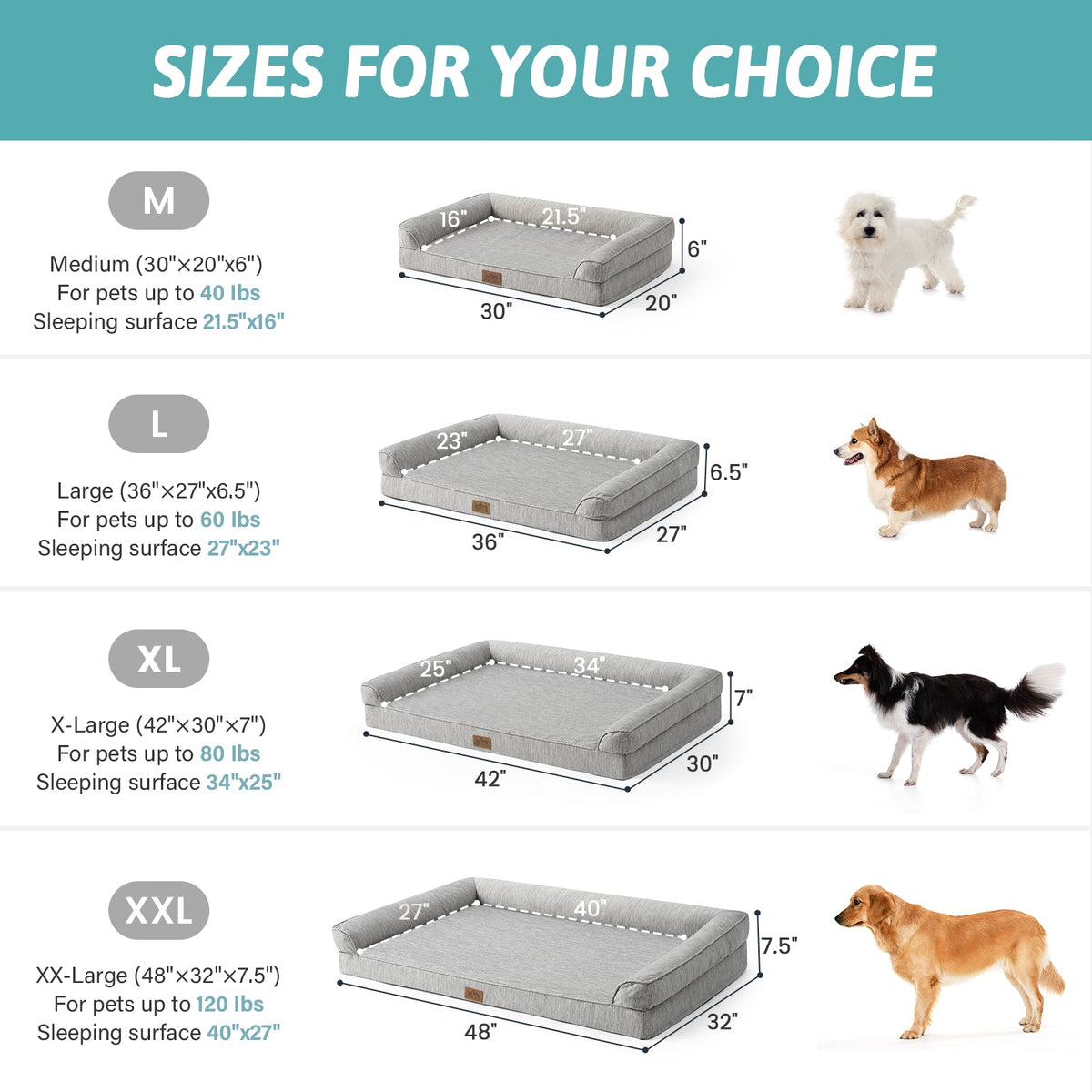 Cozy Kiss dog bed size chart with measurements and dog illustrations for different sizes.