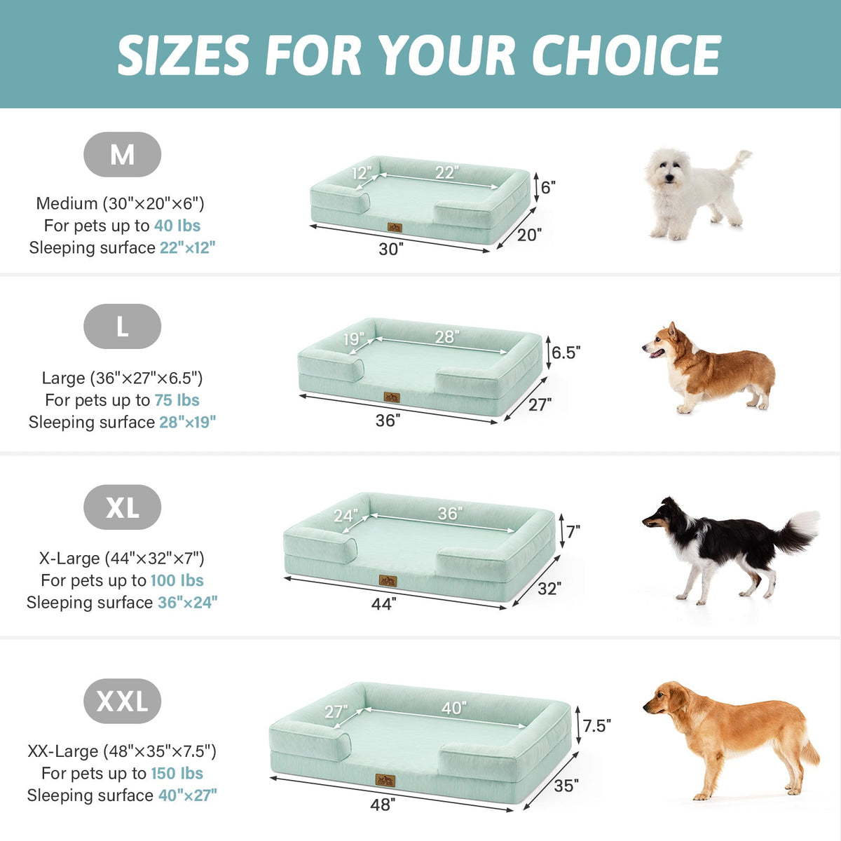 Dog bed size chart with dimensions and weight capacities for different sizes.