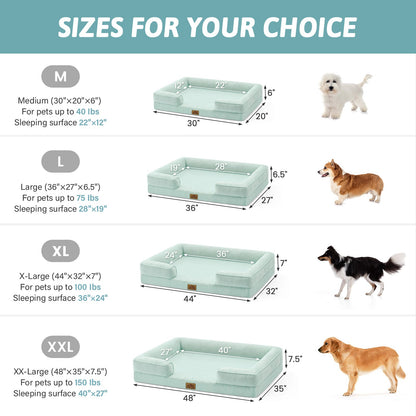 Dog bed size chart with dimensions and weight capacities for different sizes.#color_Sage Green
