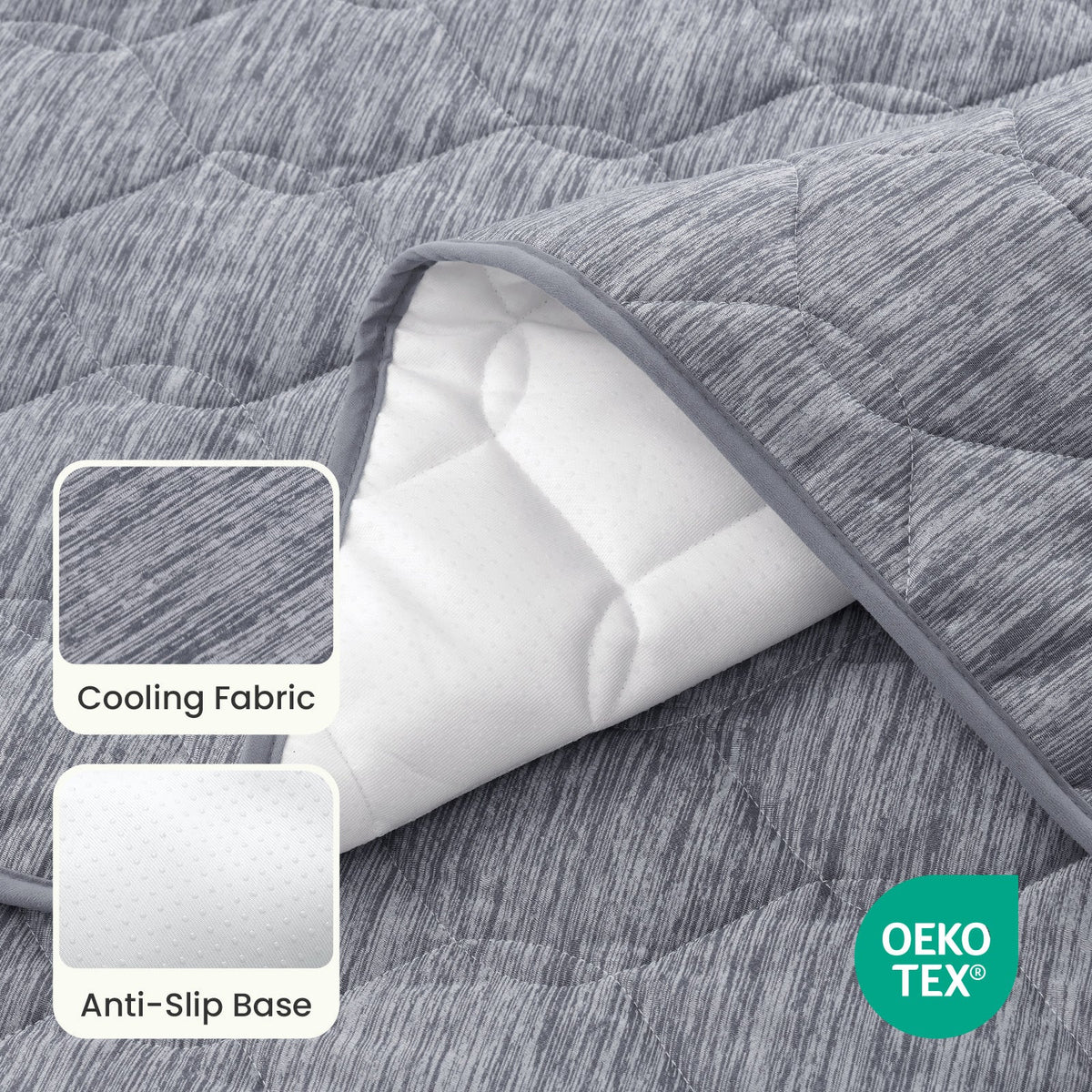Close up of OEKO-TEX certified Blue couch cover fabric with cooling fabric and anti-slip base.