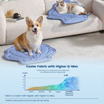 Dog and cat on Cozy Kiss blue shell shape cooling pads with Q-Max chart in a living room 