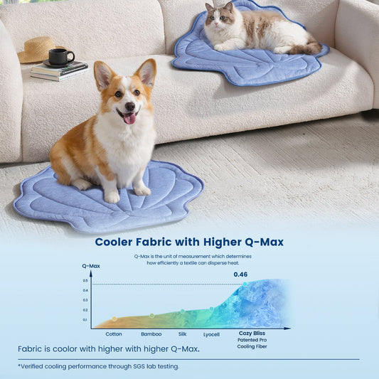 Dog and cat on Cozy Kiss blue shell shape cooling pads with Q-Max chart in a living room #color_Blue