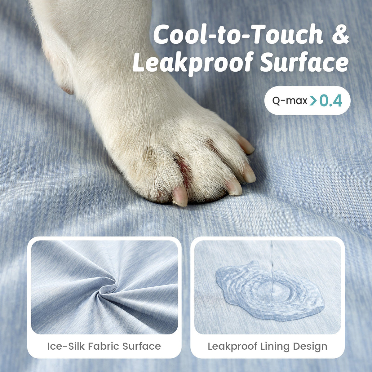 Dog paw on a textured surface with text about cool-to-touch and leakproof design.