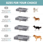 Dog bed size chart with measurements and corresponding dog breeds for each size.