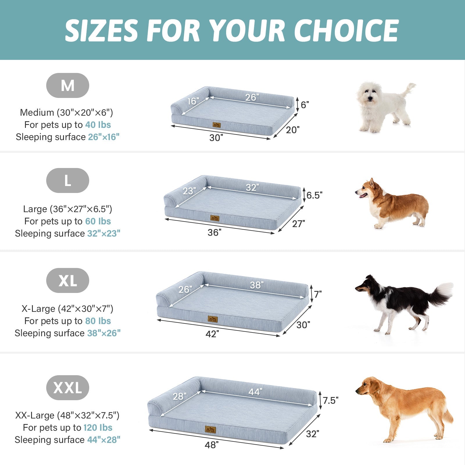 Dog bed size chart with measurements and dog illustrations for different sizes.#color_Sky Blue