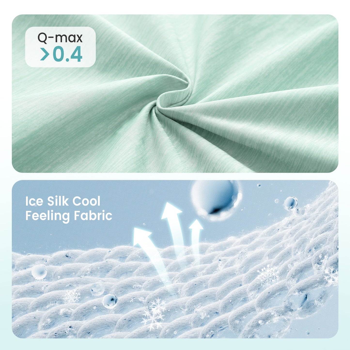 Textured fabric with Q-max > 0.4 label and close-up of fabric texture with water droplet. #color_Green