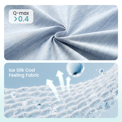 Textured fabric with 'Q-max > 0.4' and 'Ice Silk Cool Feeling Fabric' text, showing close-up of fabric texture. #color_Sky Blue