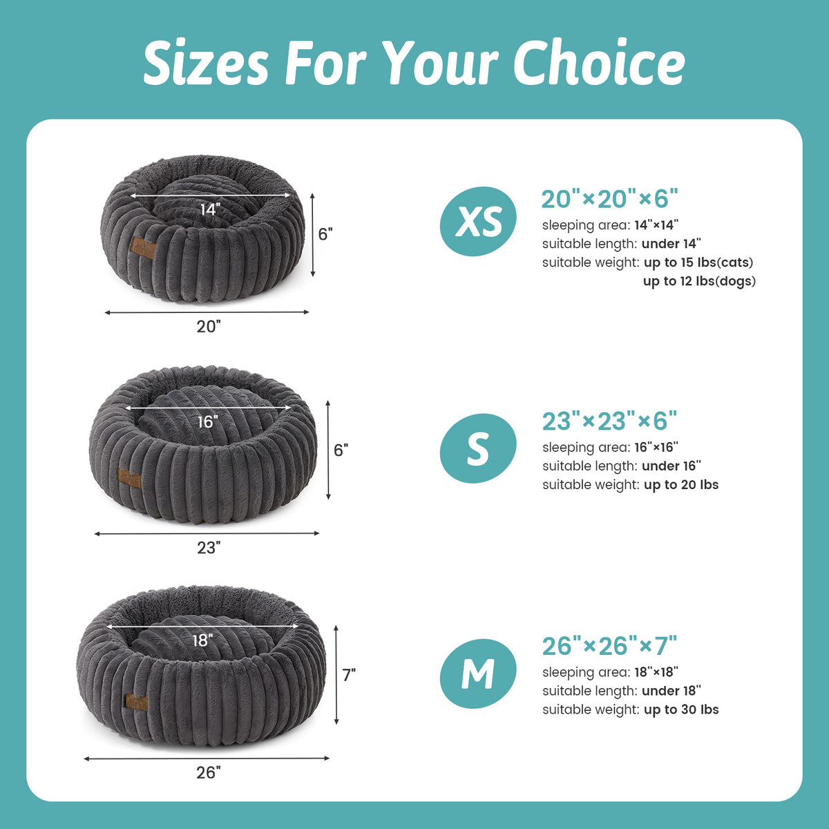 Cozy Kiss 2-in-1 Striped Faux Fur Pet Bed with Removable Mat in Dark Grey different size view 