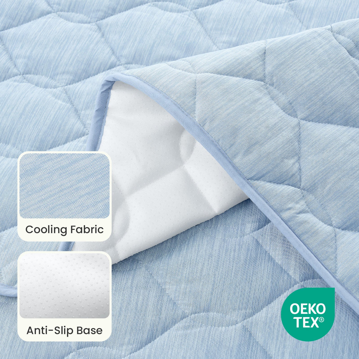 Close up of OEKO-TEX certified Blue couch cover fabric with cooling fabric and anti-slip base.