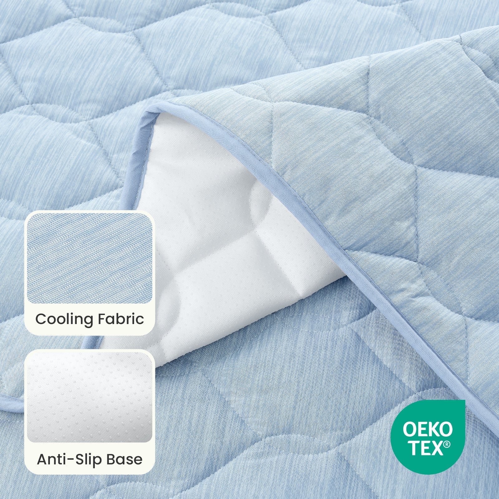 Close up of OEKO-TEX certified Blue couch cover fabric with cooling fabric and anti-slip base.#Color_Sky Blue