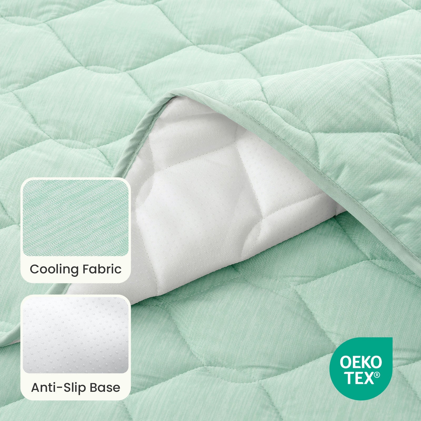 Close up of OEKO-TEX certified Blue couch cover fabric with cooling fabric and anti-slip base.#Color_Sage Green