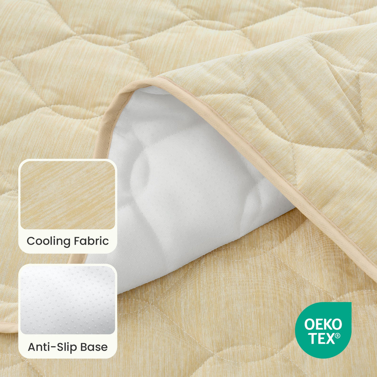 Cozy Kiss beige pet mat with cooling fabric and anti-slip base, featuring OEKO-TEX certification.