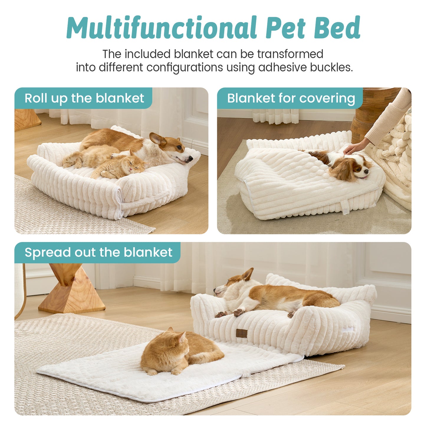 Multi-Functional Striped Faux Pet Sofa Bed With Blanket