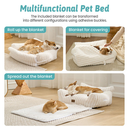 Multi-Functional Striped Faux Pet Sofa Bed With Blanket