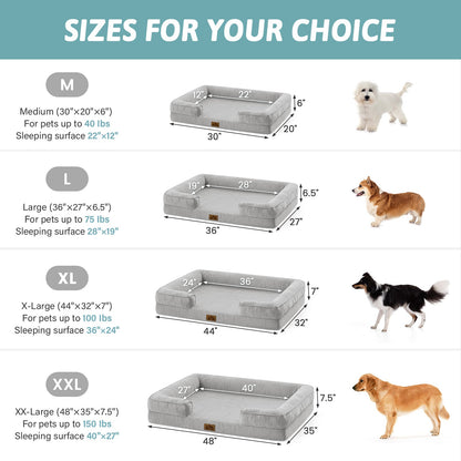 Dog bed size chart with measurements and suggested pet weight for each size.#color_Grey