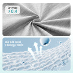 Textured fabric with 'Q-max > 0.4' and 'Ice Silk Cool Feeling Fabric' text, showing close-up of fabric texture. 