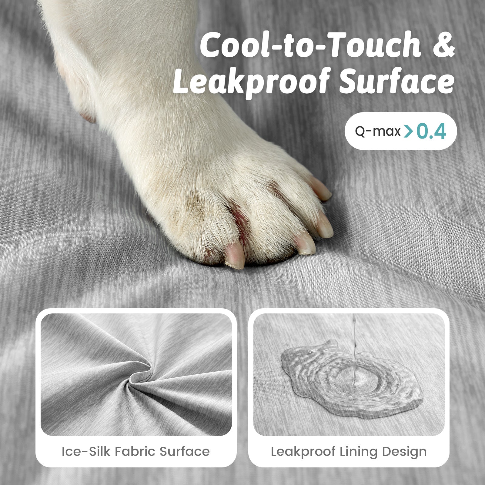 Dog paw on a textured surface with text about cool-to-touch and leakproof design.#color_Grey