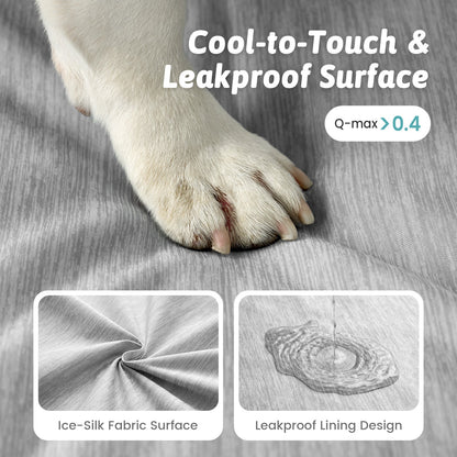 Dog paw on a textured surface with text about cool-to-touch and leakproof design.#color_Grey
