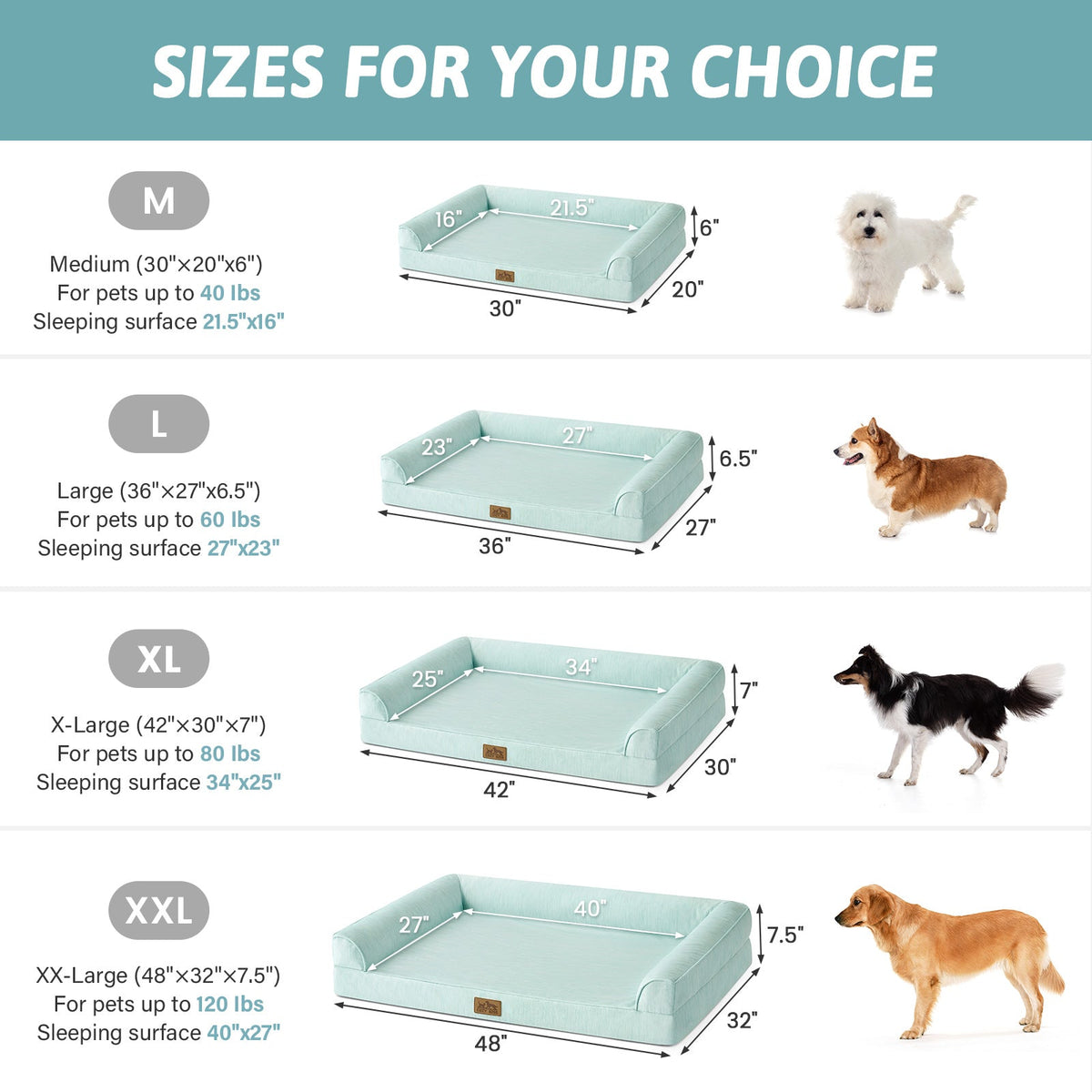 Dog bed size chart with dimensions and weight capacity for different sizes.