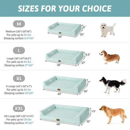 Dog bed size chart with dimensions and weight capacity for different sizes.#color_Sage Green
