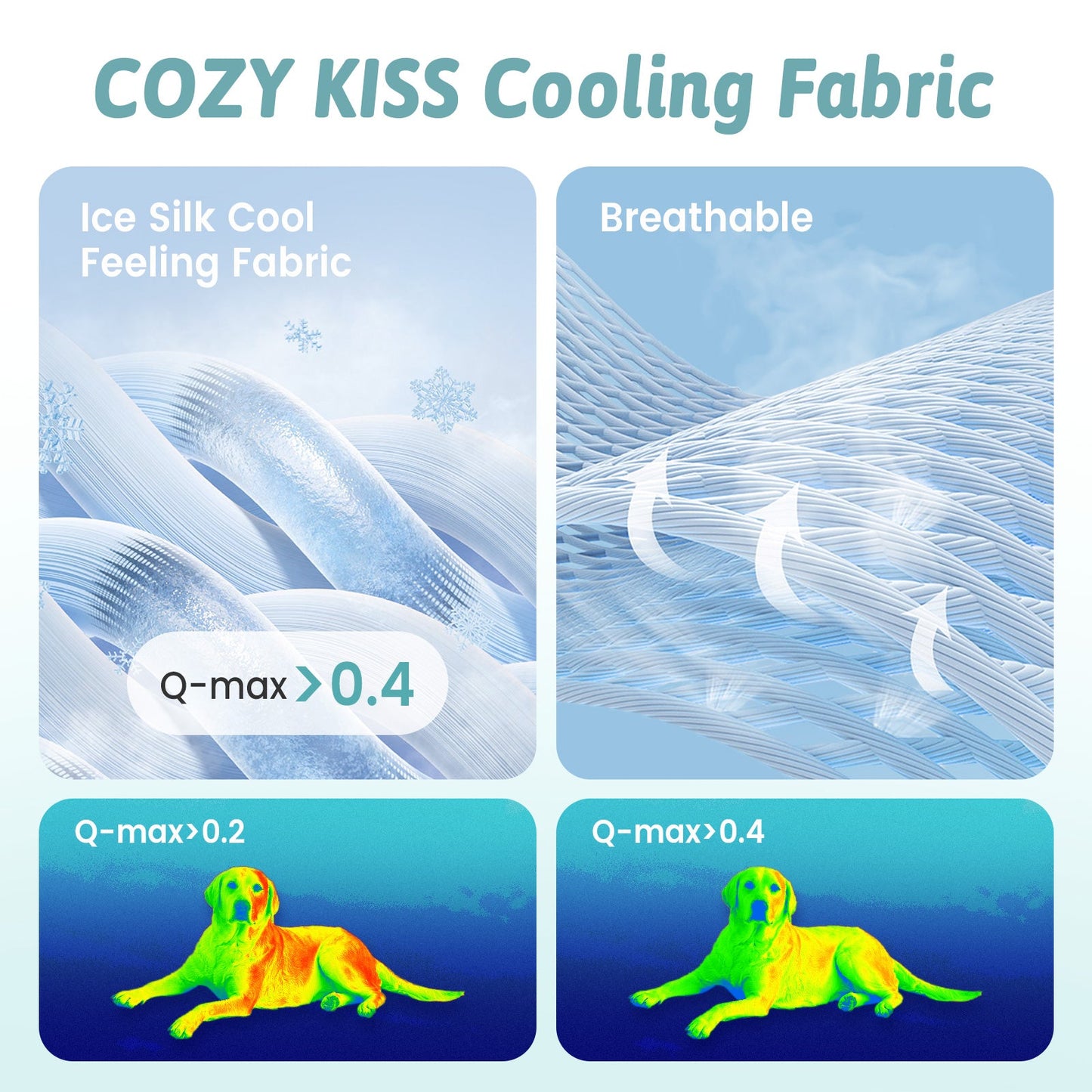 Advertisement for COZY KISS Cooling Fabric with text and images of fabric texture and cooling effects.
