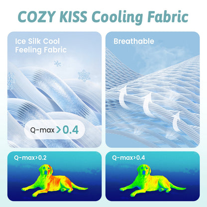 Advertisement for COZY KISS Cooling Fabric with text and images of fabric texture and cooling effects.