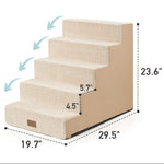 Size guide for Cozy Kiss 5-Step Extra Wide Right-Angle Pet Stairs, comparing 4-step and 5-step dimensions. 