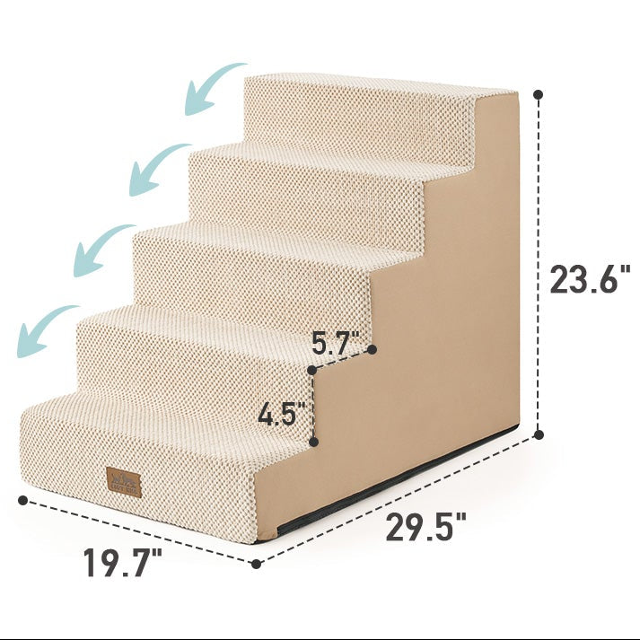 Size guide for Cozy Kiss 5-Step Extra Wide Right-Angle Pet Stairs, comparing 4-step and 5-step dimensions. 