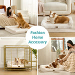 Cozy Kiss Striped Faux U-Shaped Washable Dog Bed shown in home, crate and resting scenes. 