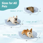 Pet beds of different sizes with measurements for dogs and a cat. 