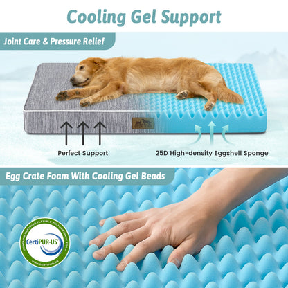 Dog lying on a cooling gel support pad with text highlighting features like joint care, pressure relief, and CertiPUR-US certification.#color_Dark Grey