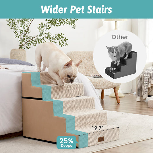 Cozy Kiss 5-Step Extra Wide Foldable Right-Angle Pet Stairs with 25% wider step design #color_Beige