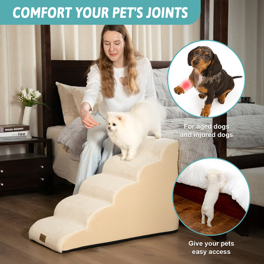 Lifestyle image of Cozy Kiss curved pet stairs supporting safer access for senior, injured, and small dogs while reducing joint stress #color_Beige