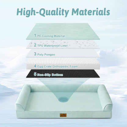 Dog bed with layers of high-quality materials displayed above it on a light blue background.#color_Sage Green