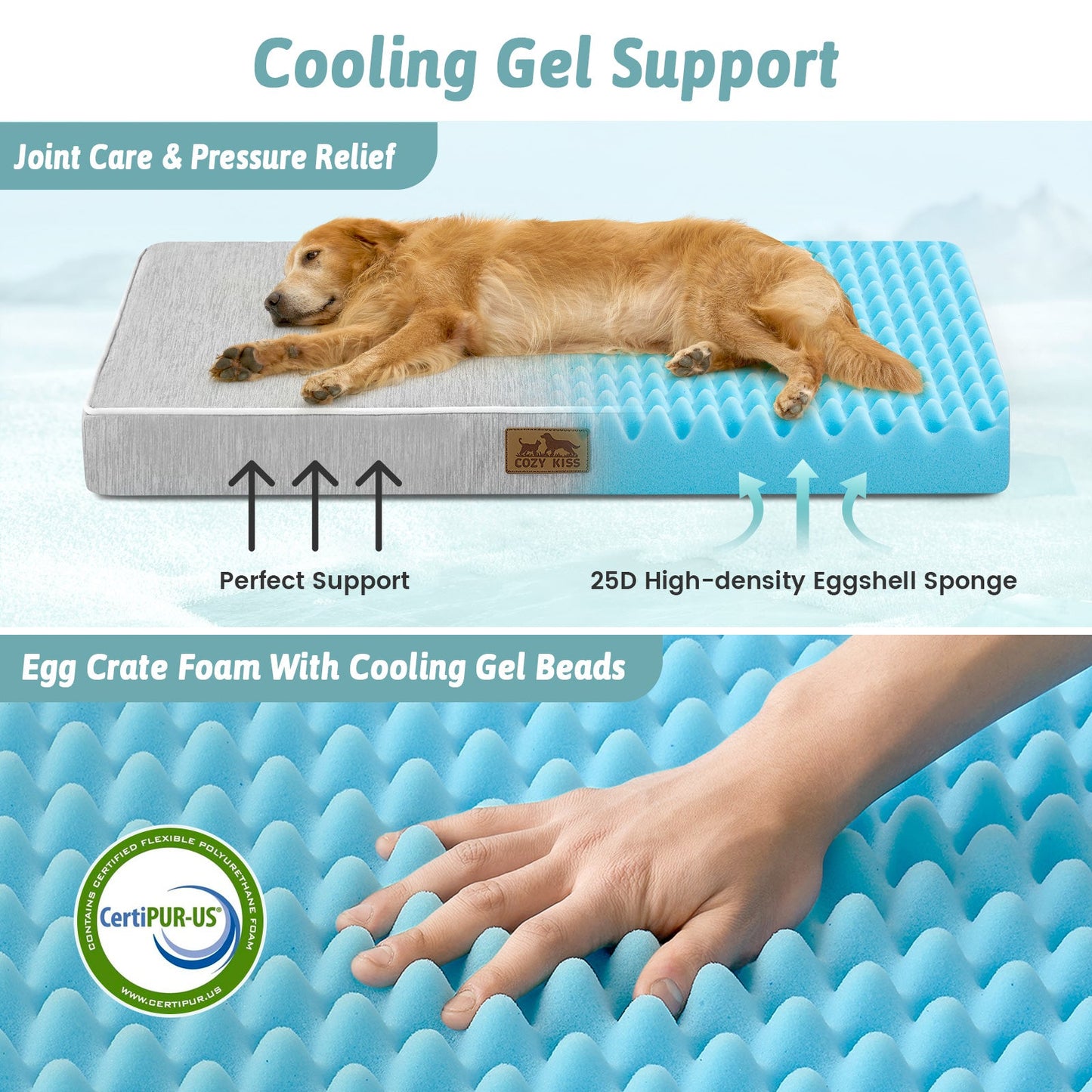 Dog lying on a cooling gel support pad with text highlighting features like joint care, pressure relief, and CertiPUR-US certification.#color_Grey