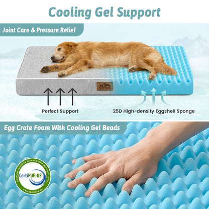 Dog lying on a cooling gel support pad with text highlighting features like joint care, pressure relief, and CertiPUR-US certification.#color_Grey