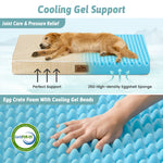 Dog lying on a cooling gel support pad with text highlighting features like joint care, pressure relief, and CertiPUR-US certification.