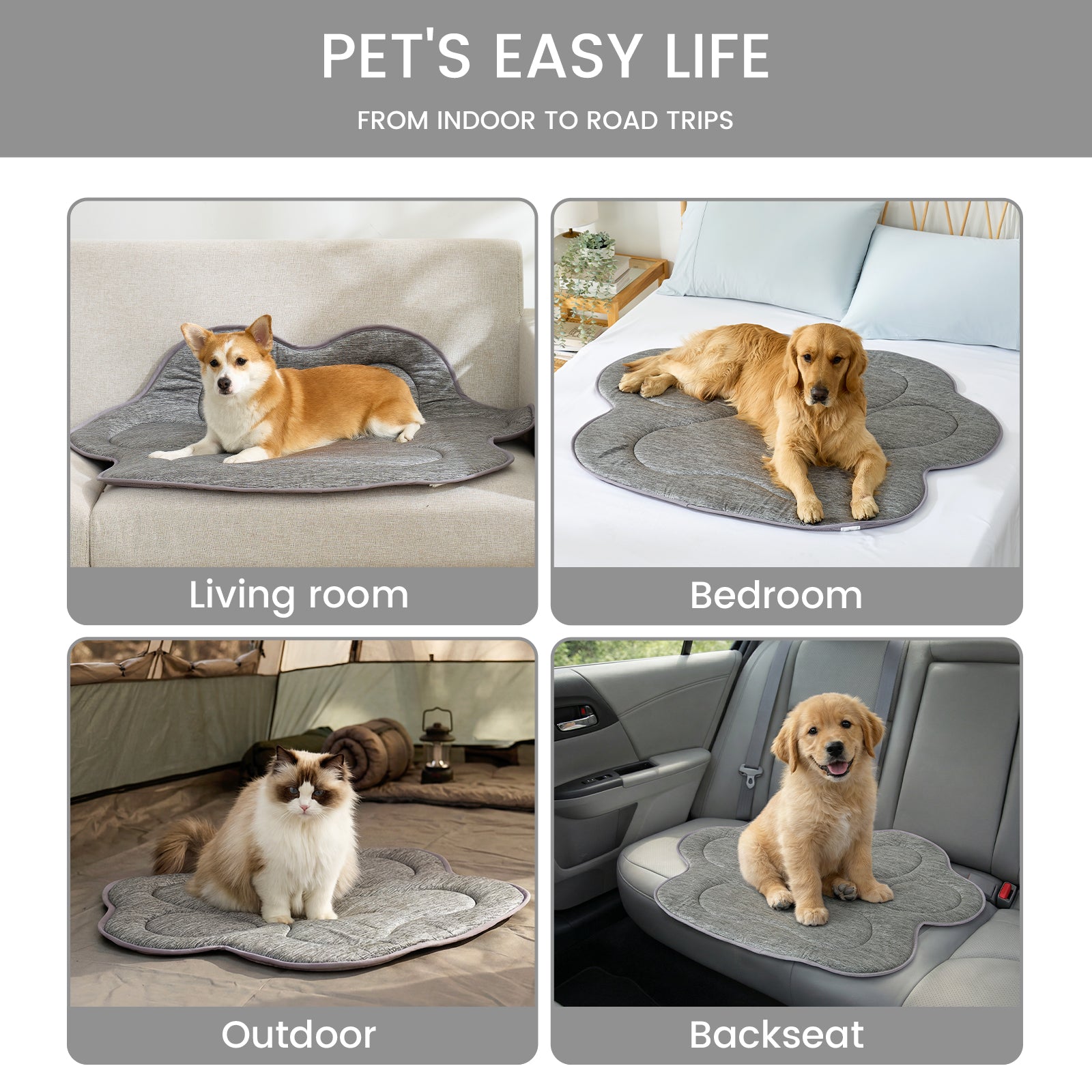 Dog using a pet mat in various settings including living room, bedroom, outdoor, and car.#color_Dark Grey