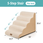 Cozy Kiss 5-Step Extra Wide Curved Pet Stairs with dimensions on a white background 