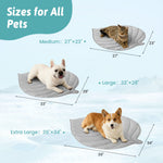 Pet beds of different sizes with measurements on a light blue background 