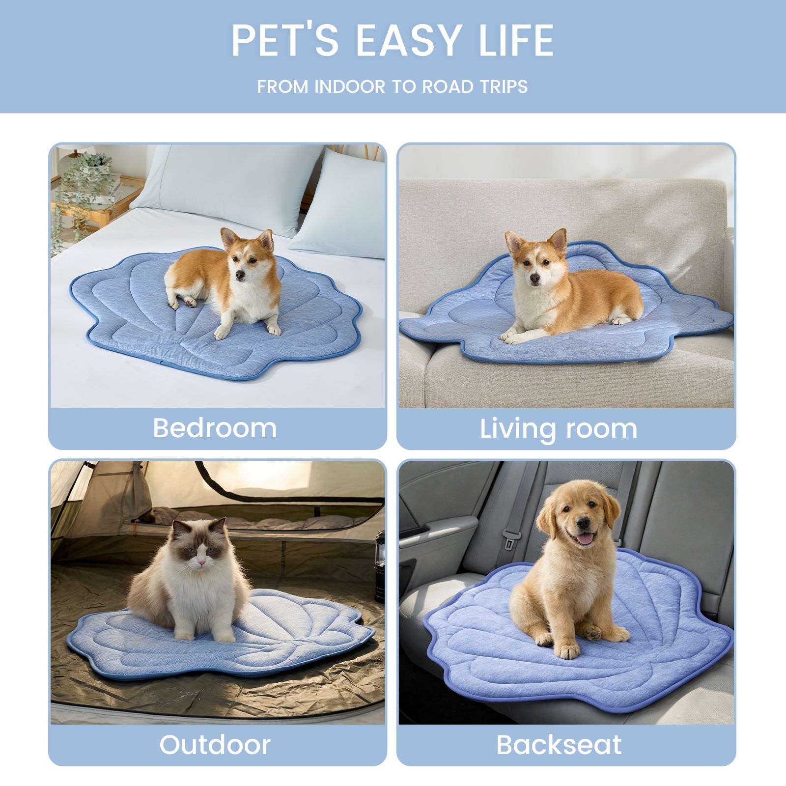 Dog using a pet mat in various settings including bedroom, living room, outdoor, and backseat.#color_Blue
