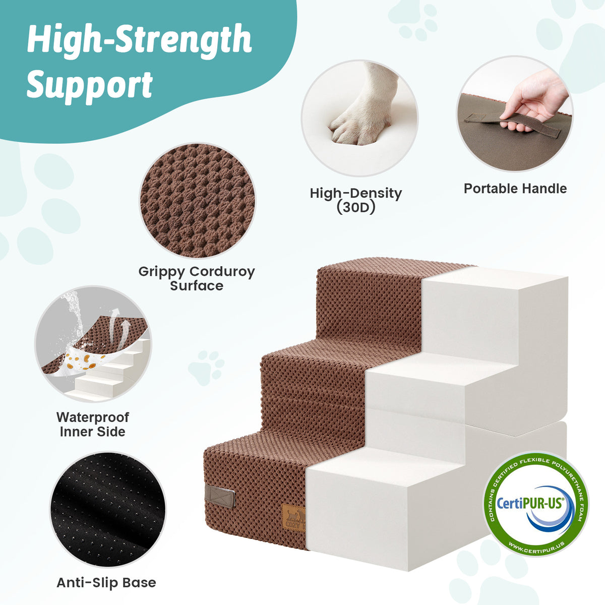 Cozy Kiss 3-Step Convertible 2-in-1 Pet Stairs with Ramp Mode featuring high-density foam support 