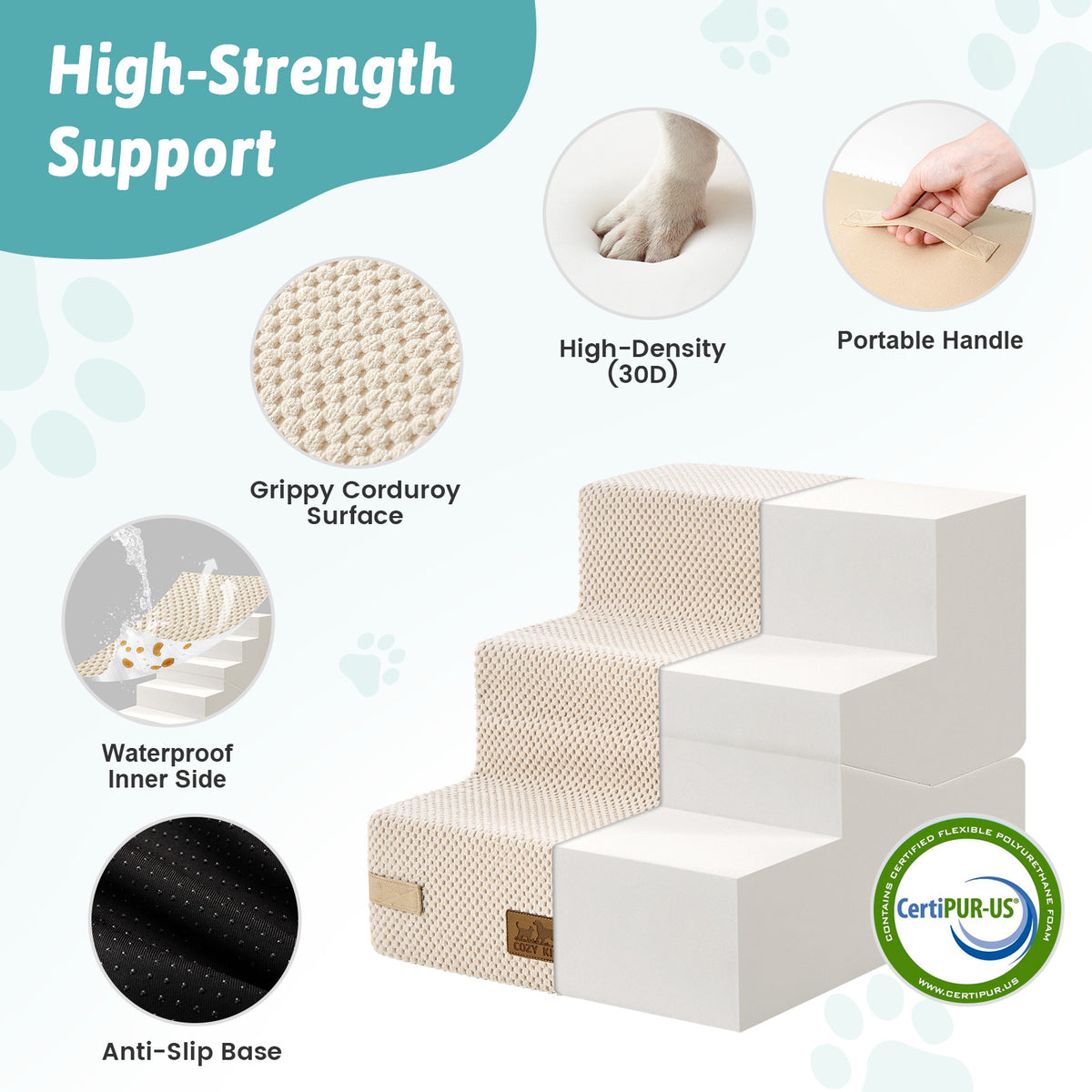 Cozy Kiss 3-Step Convertible 2-in-1 Pet Stairs with Ramp Mode featuring high-density foam support #color_Beige